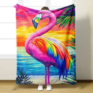 Flamingo Cartoon Pattern Blanket, Ultra-Soft Flannel Wool Blanket, Cozy Polyester Knit, Perfect for Camping, Office Naps, Dorms, Gifts