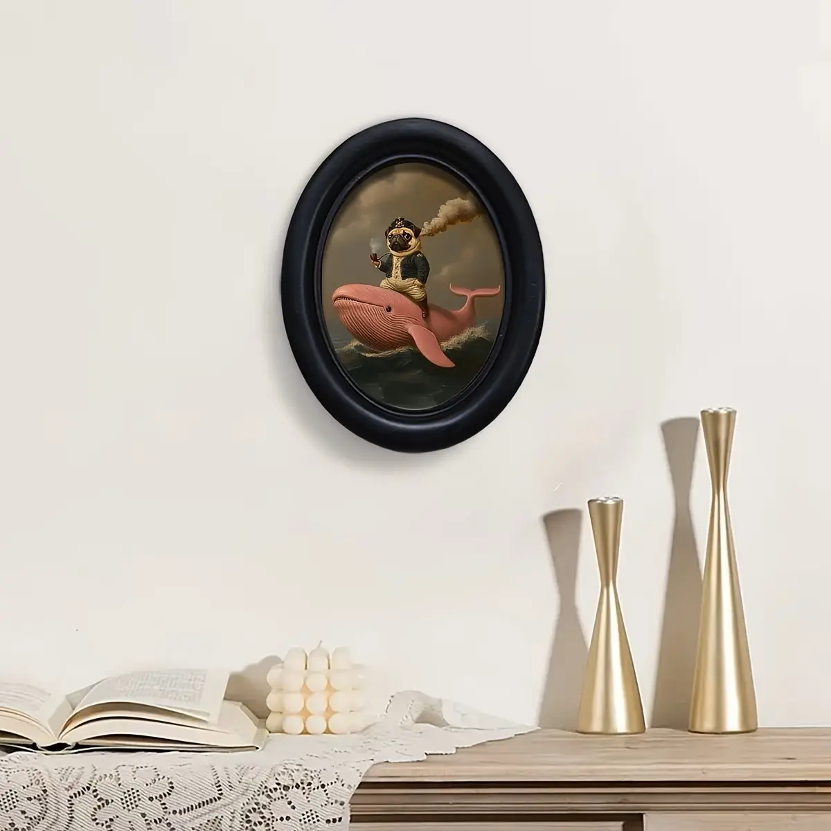 Vintage Art Style Dog Riding Whale Desk Decor, Unique Artwork, Wall Art Print, Aesthetic Wall Decor, Perfect for Halloween Christmas Thanksgiving Home Office Wall Decoration
