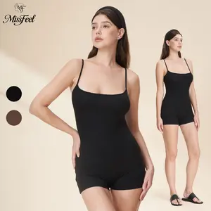 MISSFEEL Women's Lyocell Shapewear Romper, Sexy Ribbed Square Neck Jumpsuit with Adjustable Straps, Minimalist Loungewear