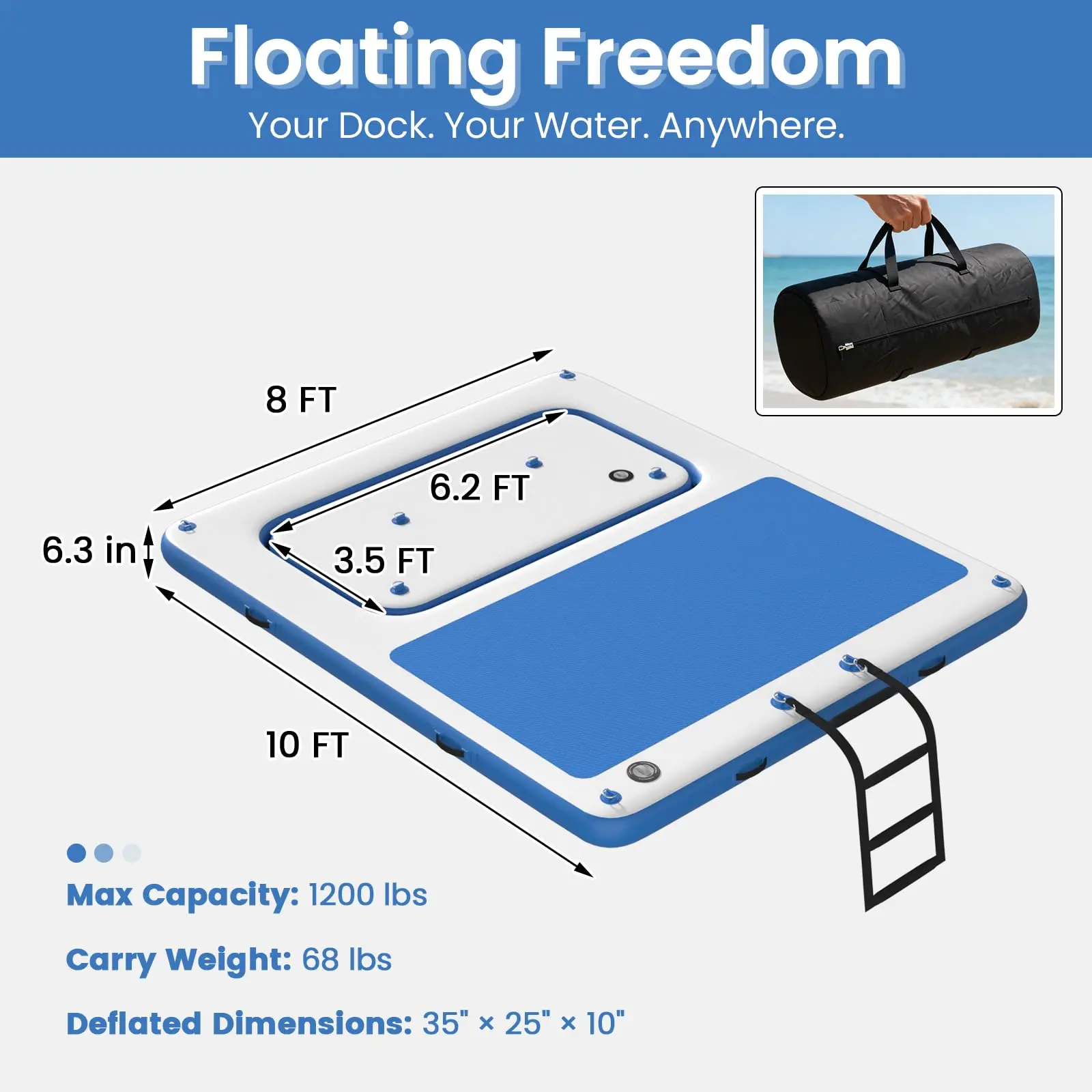 10'x8' Premium Inflatable Floating Dock with 3mm EVA Anti-Slip Mat, Rapid Inflate/Deflate, Holds Up to 10 People, Versatile for Lakes, Pools and Oceans