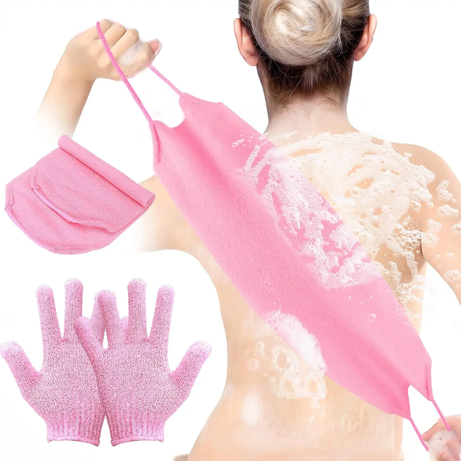 3-Pack Exfoliating Gloves Back Exfoliating Towel Back Washer for Shower Back Scrubber for Shower Skin Washcloth Body Exfoliator Set for Women Men