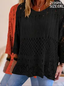 【Plus Size】 Women's Beach Cover-Up Set, Loose Knitted Top, Casual Elegant Vacation Style, Batwing Shoulders