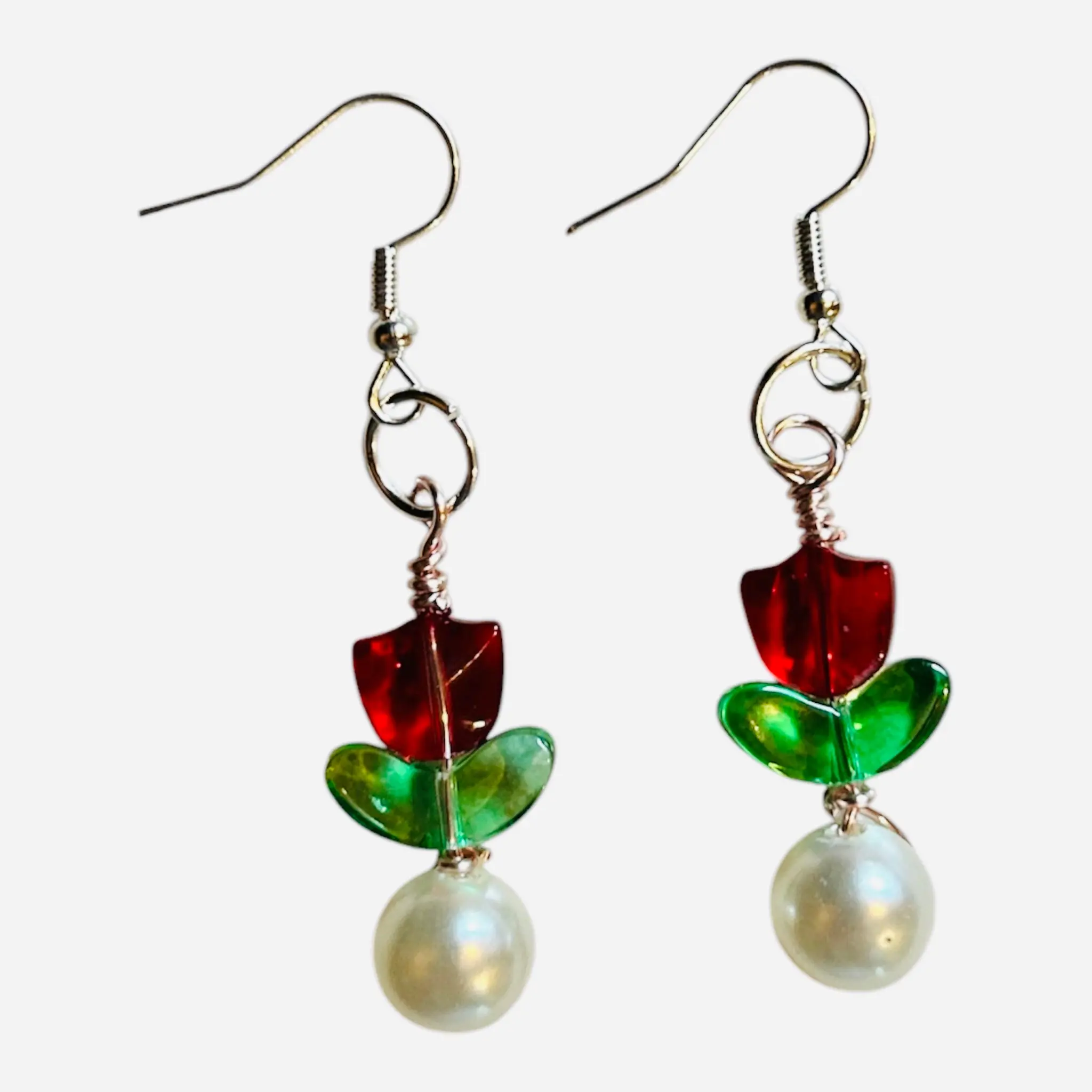 Elegant Handcrafted Beaded Tulip Silver-Tone Earrings, Unisex Design with Sterling Silver Hooks, Michigan-Inspired Jewelry, Silver-Tone Silver Earrings