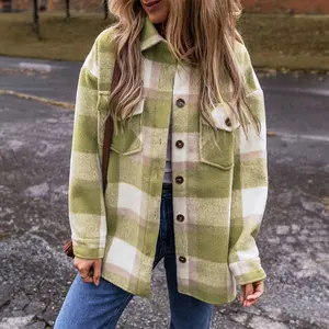 Sage Green Plaid Print Buttoned Flap Pockets Baggy Shacket
