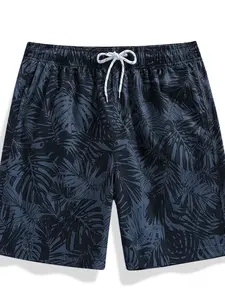 Men's Casual Beach Coconut Tree Print Vacation Shorts, Colorblock Printed Swim Trunks, Summer Holiday Wear, Comfortable Boardshorts