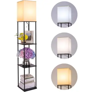 Modern Square Floor Lamp with Shelves, Standing Lamp with 3 Color Temperature Bulb, Corner Display Bookshelf Lamp for Living Room, Bedroom and Office (Black)
