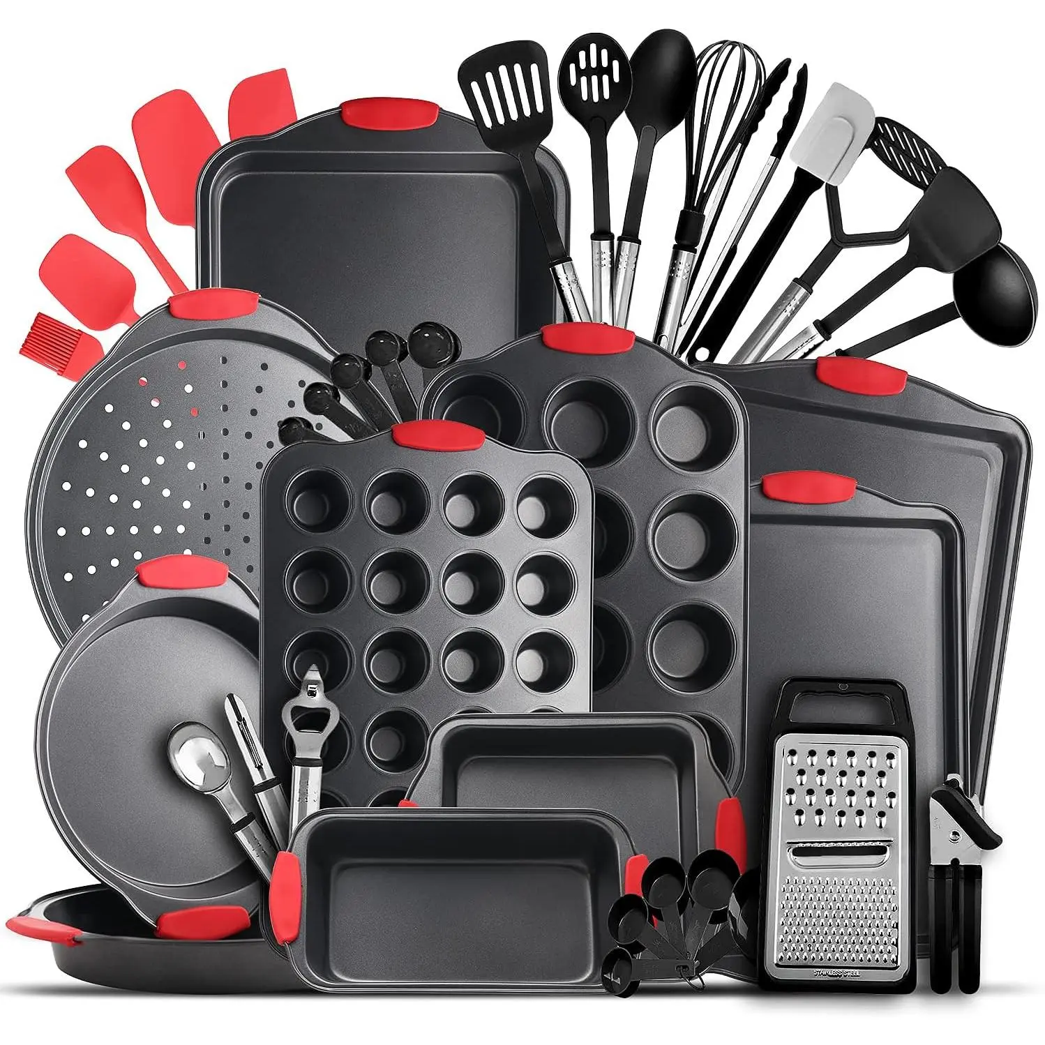 39-Piece Premium Nonstick Carbon Steel Baking Set with BPA-Free Stackable Multi-Size Bakeware, Black Silicone Kitchen Utensils, Baking Pans (Square, Round), Muffin Pan, Cookie Sheets, Measuring Tools for Oven Use, Baking Pan