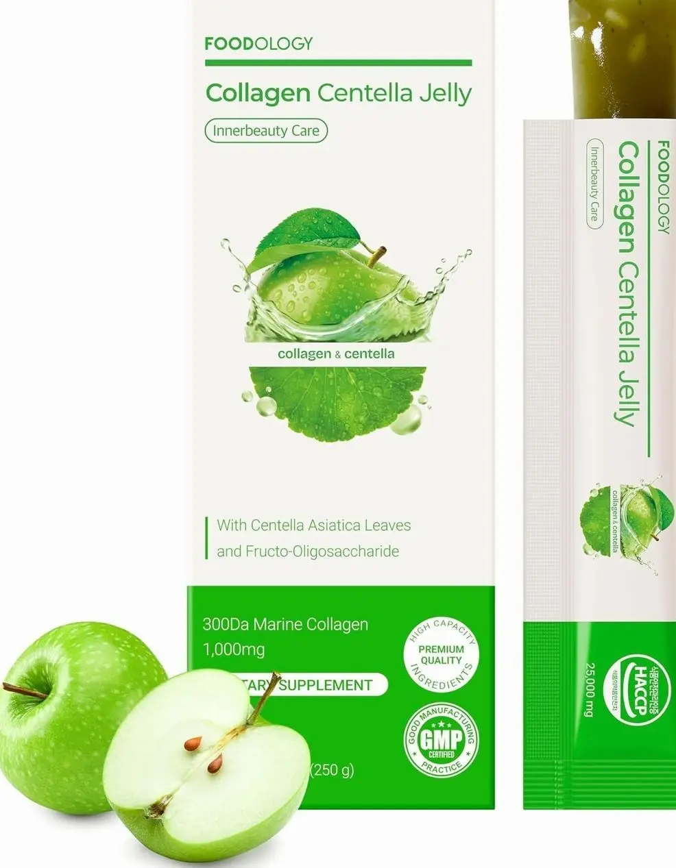 FOODOLOGY Collagen Centella Jelly (Green Apple) – Collagen Peptide with PDRN – Biotin, Vitamin A & E for Skin Glow, Hair & Nails – Korean Beauty Supplement – 10 Sticks