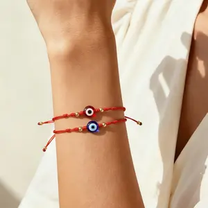 VEVE Evil Eye Pinky Promise Couple Red Cord Bracelet - Handbraided Adjustable Pull Cord Red/Blue Charm Low-Key Matching Daily Wristwear