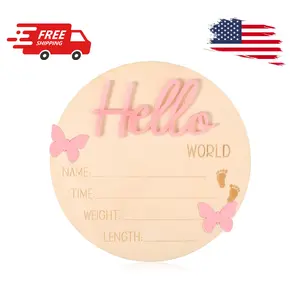 Baby Announcement Board, Wooden Hello World Welcome Newborn Plaque Baby Birth Name Sign Board
