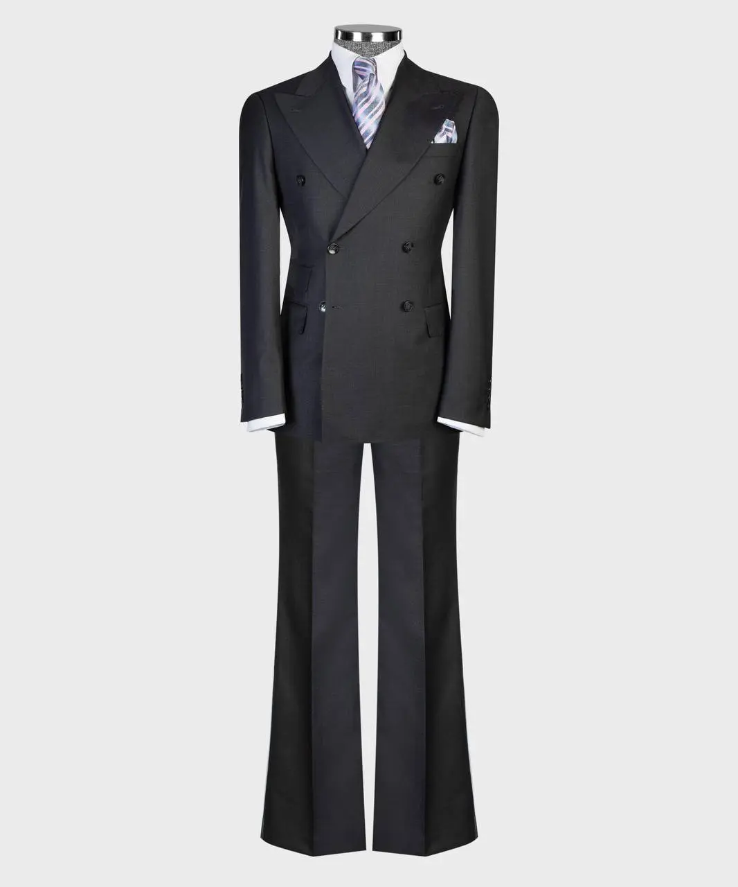 Men's Flared-Leg Double-Breasted Suit with Peak Lapels, Charcoal Grey Super 200S Wool, Slim Fit All-Season Formal Wear, Menswear, Evening, Flared Pants, Solid
