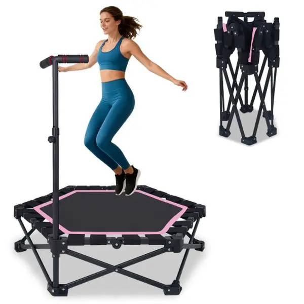 42" Foldable Mini Rebounder Trampoline for Adults, 1-Step Fold & Open, 330lbs Max Load, 3-Level Adjustable T-Bar, Indoor & Outdoor Workout Equipment, Pink