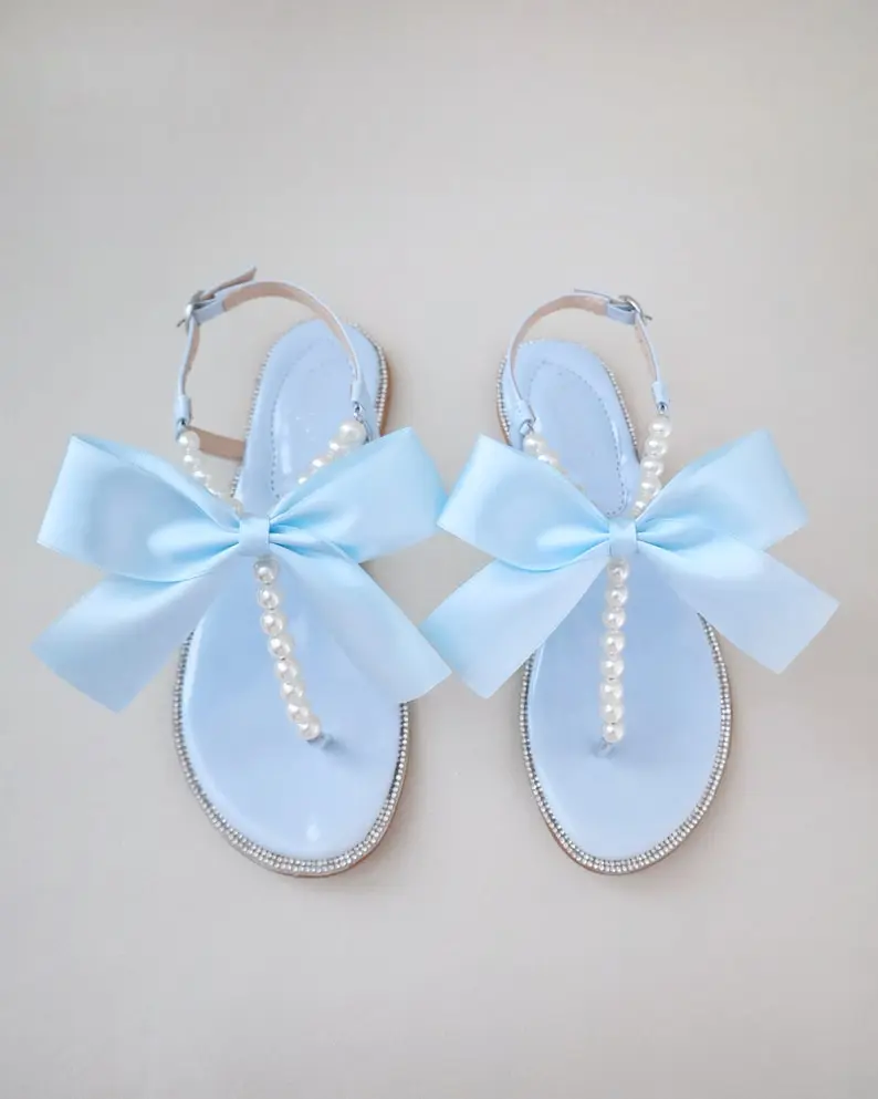 Light Blue T-Strap Pearls Wedding Flat Sandals with Oversized Bow, Wedding Sandals, Bridal Sandals, Pearl Flat Sandals
