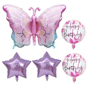 5pcs 31in Gradient Color Butterfly & 18in Star Birthday Balloons, Aluminum Foil Party Decorations, Balloon Party Supplies, Baby Shower Photo Props, Birthdays