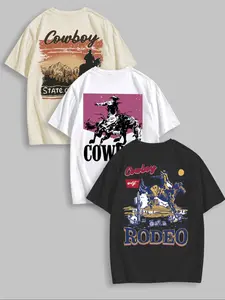 Men's Graphic Round Neck Tee, Cowboy Print Short Sleeve T-Shirt for Daily Wear, Casual Comfy Knitting Top for Summer, Casual Stylish Tee