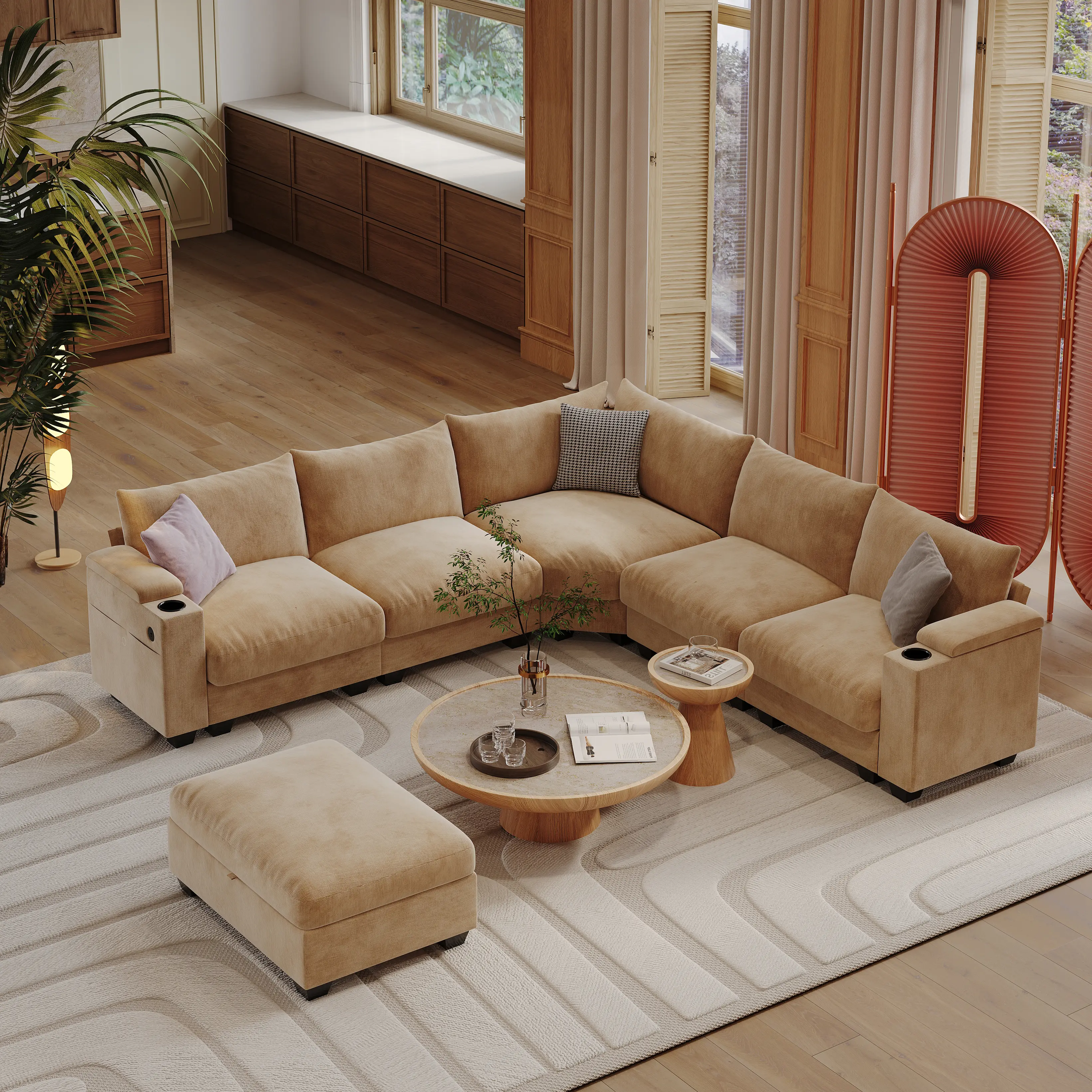 107.1" Modular L-Shaped Linen Sectional Sofa with Storage Ottoman, Cup Holders& USB Type-C Charging, 6-Seat Corner Couch for Living Room