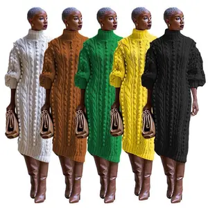 2025 Spring New Women's Casual Turtleneck Slit Knitted Long Skirt Dress Piece