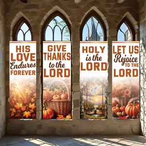 4 Pcs Religious Banners, Polyester Material Christian Fall Vertical Hanging Banners with Religious Scripture Quote Autumn Harvest Design for Thanksgiving Church and Home Indoor Wall Decoration
