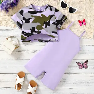 Ready Stock Kid Girls Bamboo Fiber Outfits Camo Short Sleeve Cropped Tops Straps Jumpsuits 2Pcs Clothes Set 4-7 Years Purple 132404032-2