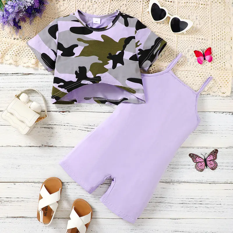 Ready Stock Kid Girls Bamboo Fiber Outfits Camo Short Sleeve Cropped Tops Straps Jumpsuits 2Pcs Clothes Set 4-7 Years Purple 132404032-2