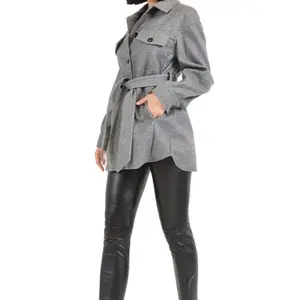 Women's Solid Textured Rayon Belted Jacket - Casual Style - Womenswear