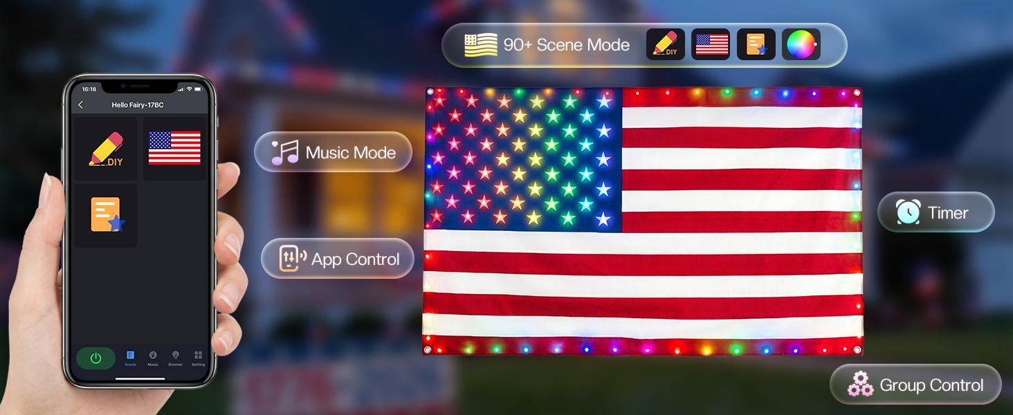 Avatar Controls 3x5FT Smart American Single Side Flag Lights App Control Plug in 4th of July Decorations Lights DIY Color, Music Sync Light Up Patriotic Single Side US Flag Lights for Wall Bedroom, Memorial Day, Independence Day（NOT REMOTE)