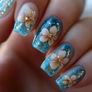 Summer Blue Flower Bling Nails 24pcs| Short Square Press-On Set| Glitter DIY Kit| Nail Art Supplier Collection