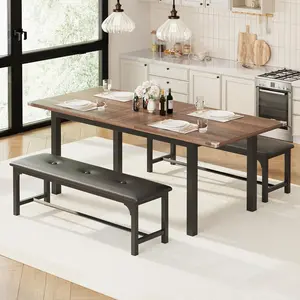 5 Pieces Dining Table Set for 4-6, 63" Extendable Dining Room Table Set for 4, Kitchen Table with Upholstered Benches and Stools, Kitchen Table Set,Dinner Table Set for 6, Ideal for Small Space-Walnut