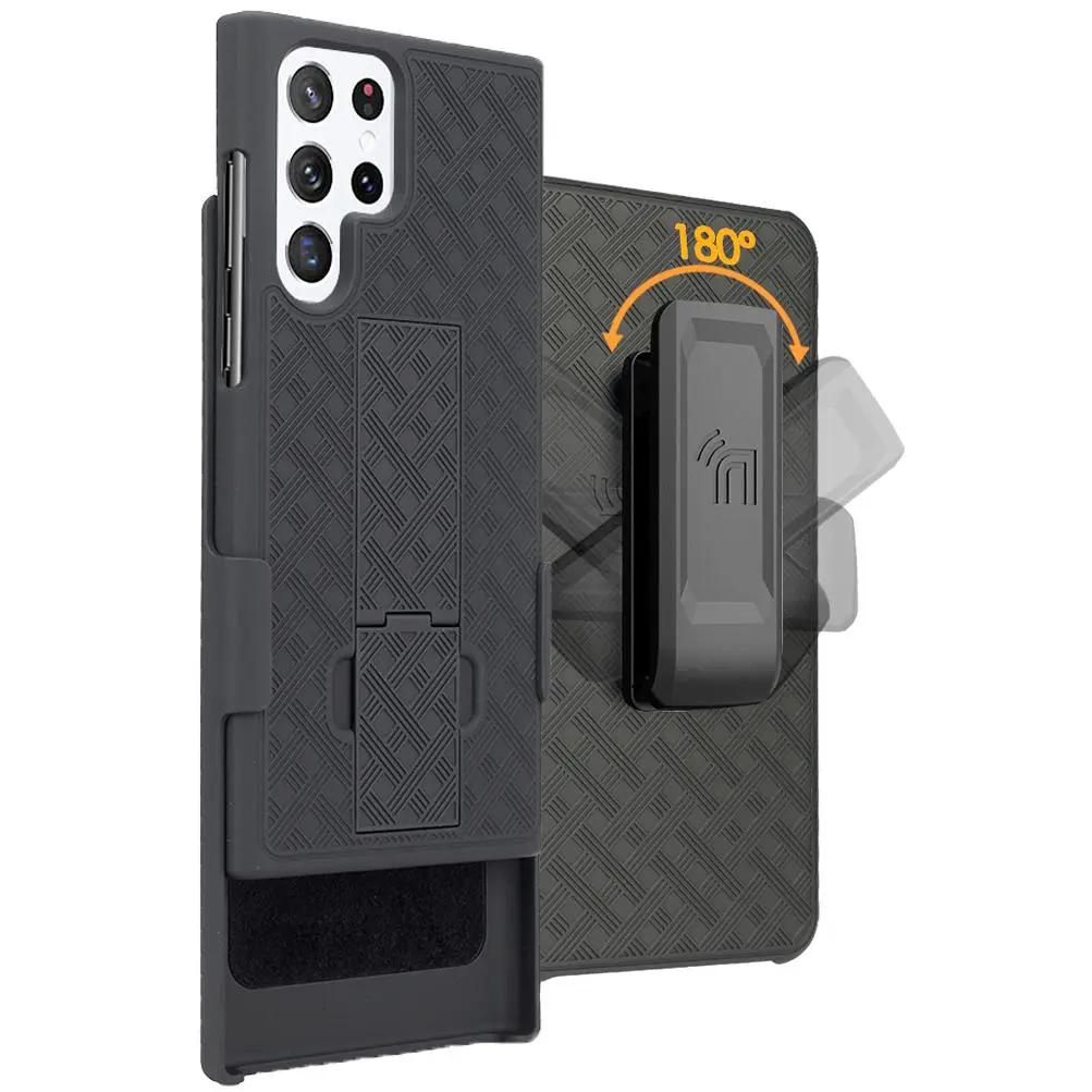 Case with Clip for Samsung Galaxy S22 Ultra 5G, Nakedcellphone Slim Hard Shell Phone Cover with Kickstand and [Rotating/Ratchet] Belt Hip Holster Combination - Black Tread