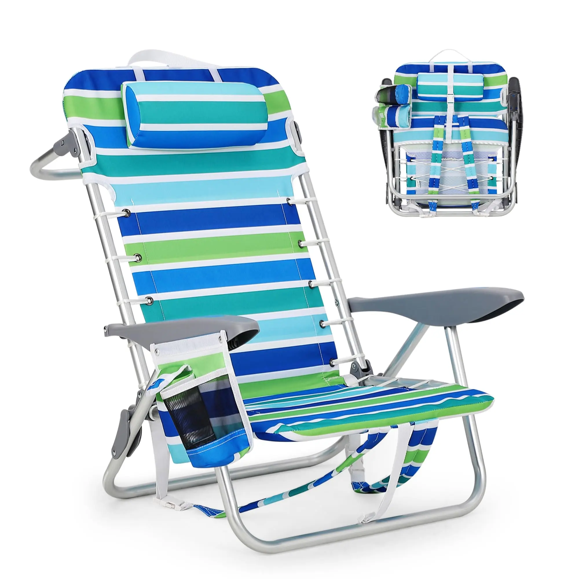 Adjustable Adirondack Chair for Adults - Foldable Reclinable Striped Aluminum Outdoor Chair, 5 Recline Settings, Body Contour Design, Lightweight Durable Frame, Oxford Fabric, Backpack Straps, Phone Pocket, Cup Holder, Towel Bar, Beach/Camping Ready