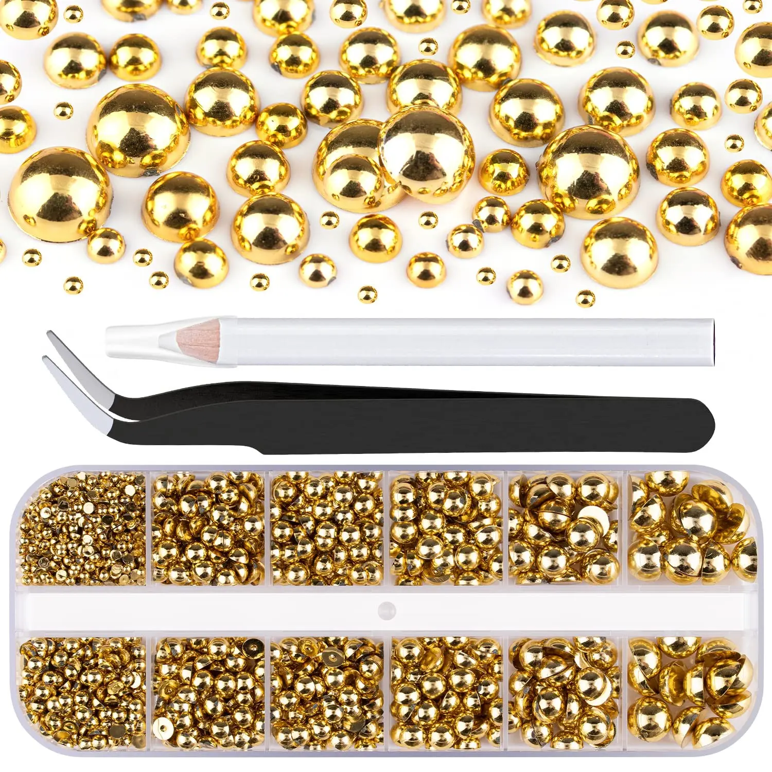 12-Grid Half-Circle Pearl Nail Art Set, Multi-Sized Flat Metal Beads, Nail Art Supplies, Includes Tweezers and Dotting Tool, Nail Art Accessories, Nail Art Rhinestones / Flatback Crystals / Multi-Color / Pickup Tool, Nail Decoration Supplies