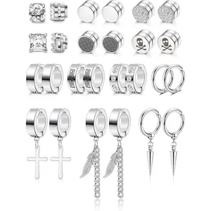 FLORIDECO 13Pairs Stainless Steel Magnetic Earrings for Men Women Zirconia Earrings Hoop Earrings Clip on Earrings Black Silver-tone Daily