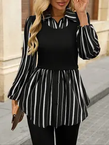Women's Casual Fashion Chic Slim Fit Woven Striped Patchwork Long Sleeve Shirt Blouse, Cute Fall Winter Outwear, Ladies Fashion Top for Daily Wear