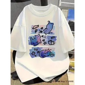 Women'S Casual T-Shirt - Comfortable & Relaxed Fit, Round Neck, Lightweight & Breathable, Pastel Cat Illustration, Spring/Summer Essentials, All-Season Top, Relaxed Fit Top|Playful Cat Design|Lightweight Fabric, Ladies T Shirts