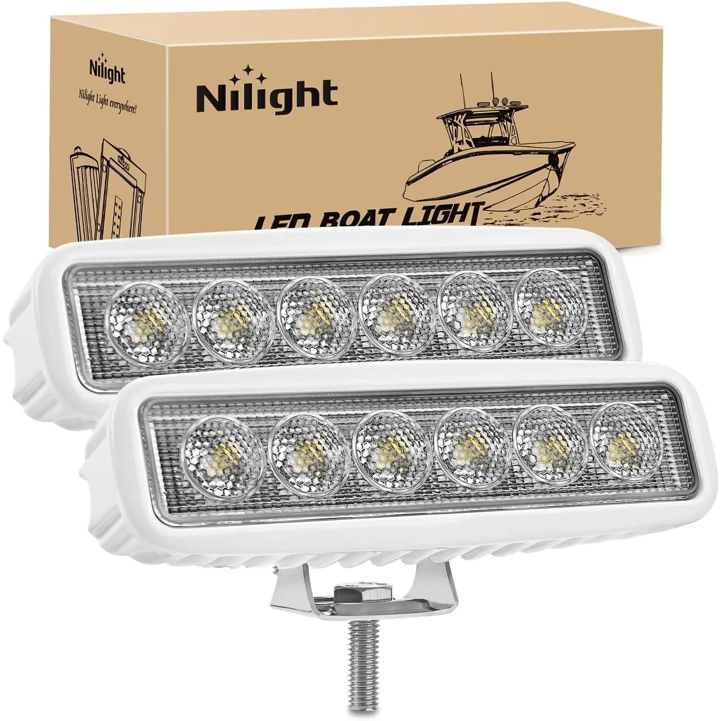 Nilight 2PCS 18W Flush Mount Marine LED Bars, 150° White Flood Beams, IP67 Waterproof Adjustable Angle Aluminum Alloy Boat Lights for Motor Outboard, Pontoon Deck Dock Night Fishing, Jon/Bass/Fishing Boat Accessories