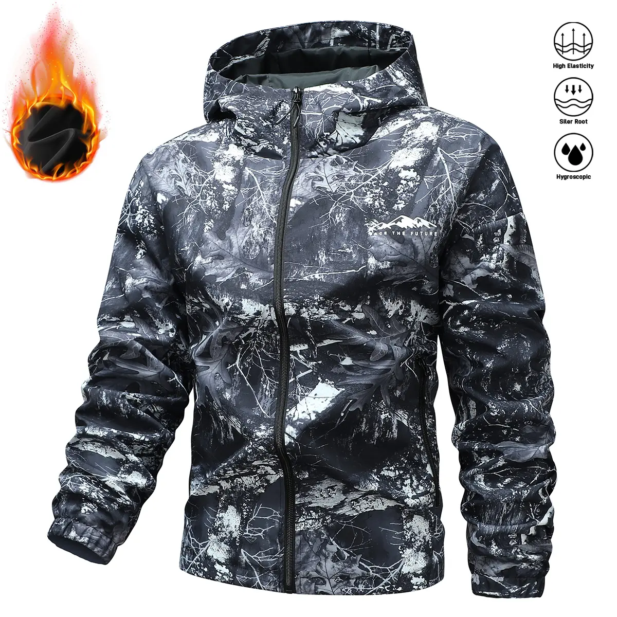 Men’s hooded jacket—fashionable casual outdoor sports windbreaker; American streetwear brand style; thick fleece-lined design; sealed hood for exploration; zip front closure; long sleeves; pockets included.