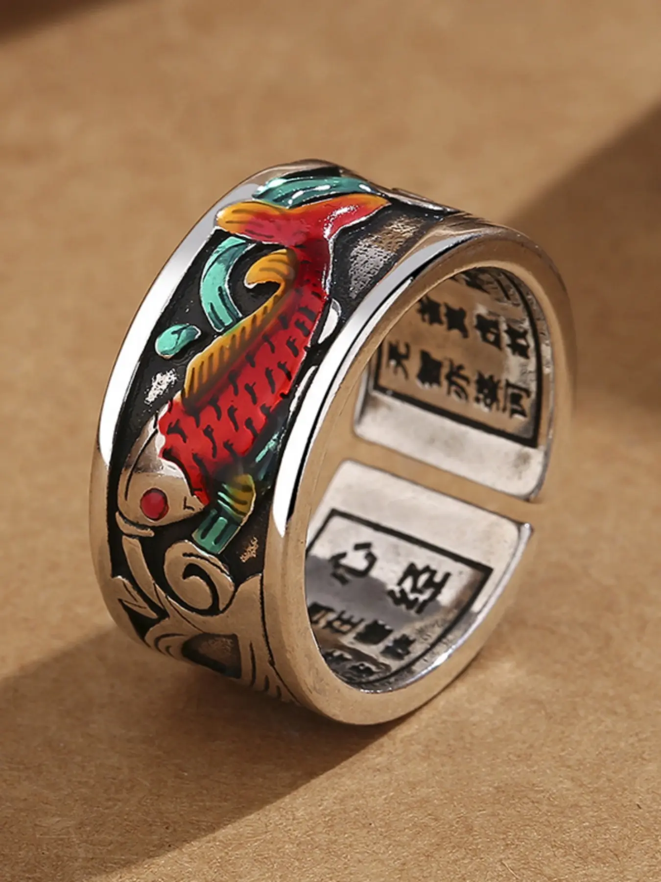 Chinese-style retro koi fish Heart Sutra ring, vintage silver enamel adjustable open ring, Lucky Amulet Ring