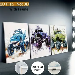 3-piece framed decorative painting with wooden frame, Not/3D, everyday items, the product is a flat/2D feature, monster truck wall art print, ink painting canvas art poster, fun abstract canvas print wall art painting suitable for home office room decorat