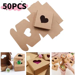 50pcs Heart Cutout Window Thick Cowhide Paper Gift Boxes, Elegant Gift Box, Wedding Engagement Birthday Party Creative Favor Box, Candy Cookie Chocolate Snack Packaging
