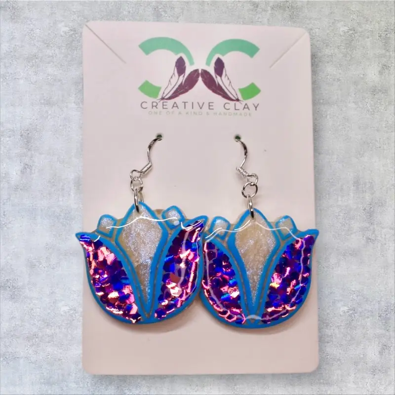 Blue Glitter Tulip Earrings | Handmade Polymer Clay | Sterling Silver .925 Hooks | Lightweight & Hypoallergenic | Southwest-Inspired Dangle Earrings