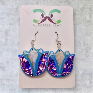 Blue Glitter Tulip Earrings | Handmade Polymer Clay | Sterling Silver .925 Hooks | Lightweight & Hypoallergenic | Southwest-Inspired Dangle Earrings
