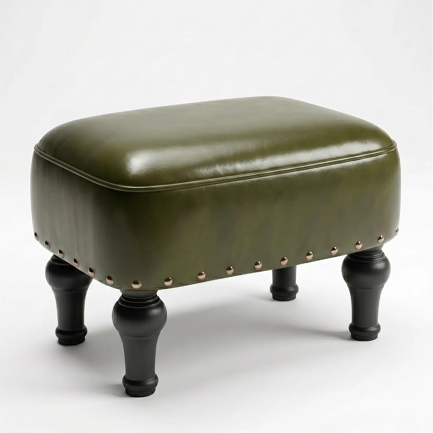 Cmishe Ottoman Leather Footrest, Vintage Footstool with Hidden Storage, Thickened Foam Upholstered Seat, Solid Beechwood Legs, Under Desk Shoe Bench Small Bench for Living Room Dining Room (Green)