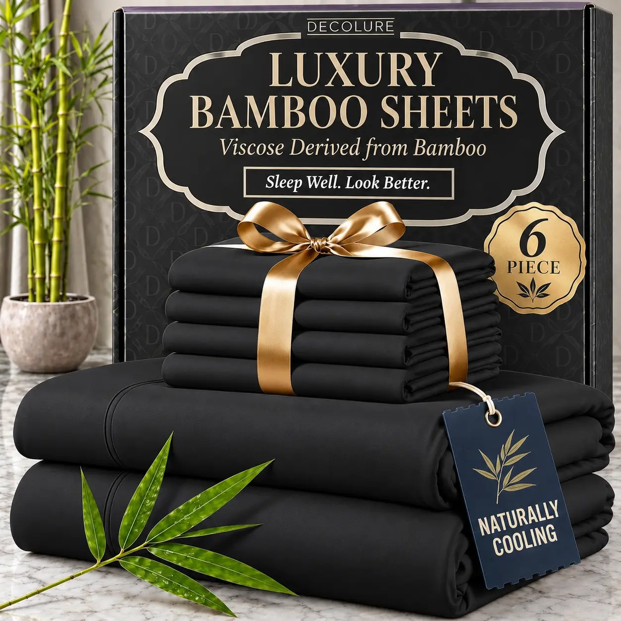 Jollyvogue Bamboo Cooling Bed Sheets - 14 Inch Deep Pocket Hotel-Grade Bedding Set for Room Decor, Ultra-Soft & Breathable Hot Sleepers, Wrinkle-Resistant Moisture-Wicking Fabric, Double-Stitched Machine Washable