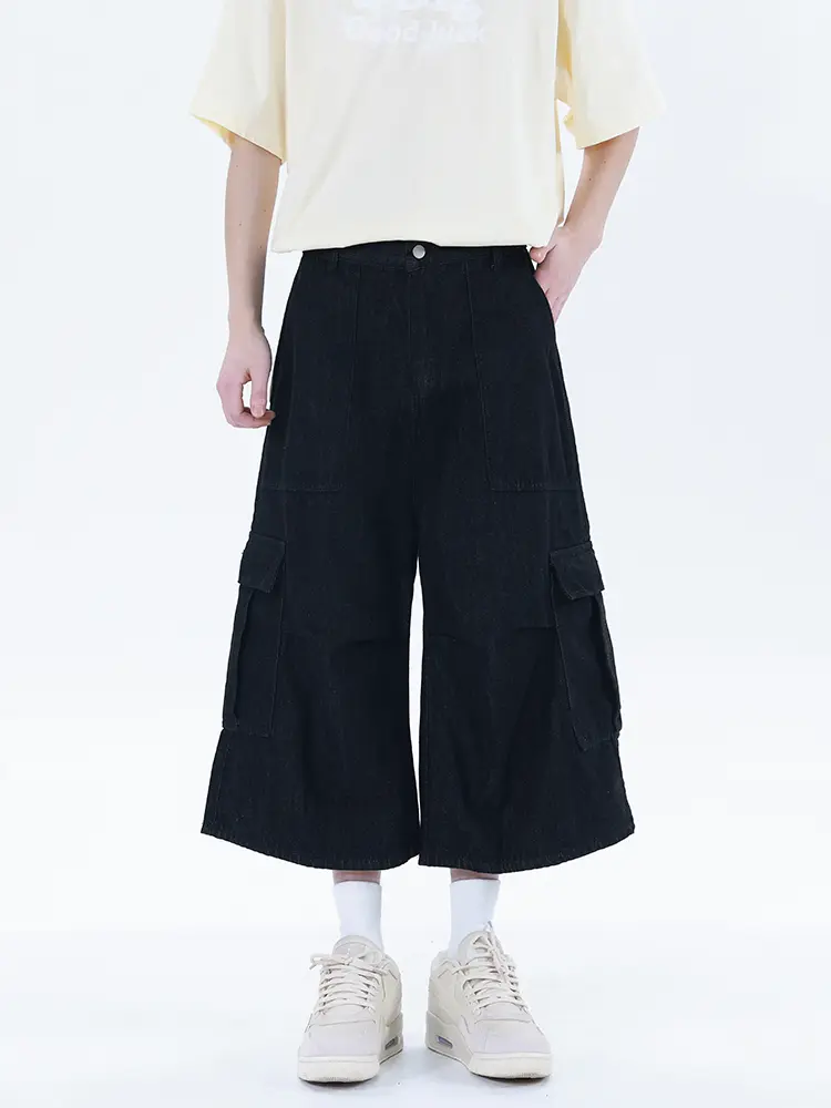Men's Black Wide-Leg Cargo Pants, Minimalist Loose-Fit Style with Multiple Pockets, 3/4 Length for Casual Streetwear, Menswear, pattern plain, Oversized