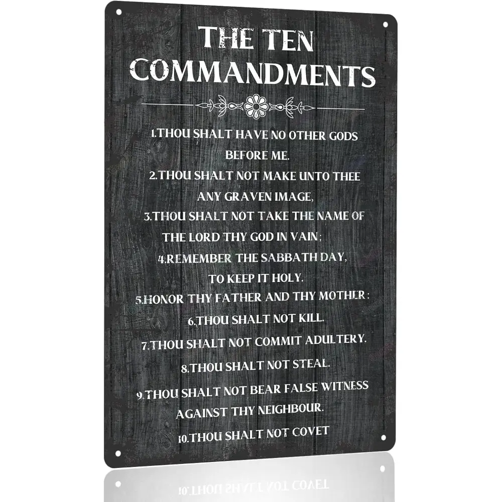 Religious Metal Hanging Sign - 12x8 in 10 Commandments "Thou Shalt Have No Other Gods Before Me" - Inspirational Farmhouse Rustic Wall Art, House Decor for Home Office Living Room, Tin Ornament Gift