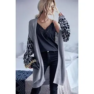 Leopard Sleeves Waffle Knit Open Front Cardigan