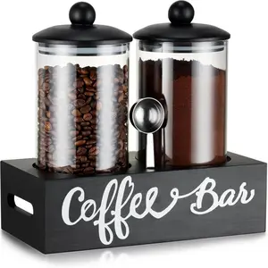 Glass Sugar Coffee Canister for Ground Coffee,2*55OZ Coffee Containers with Handle Shelf Coffee Bar Station Accessories Organizer Decor,Food Storage Jars with Iron Scoop for Kitchen