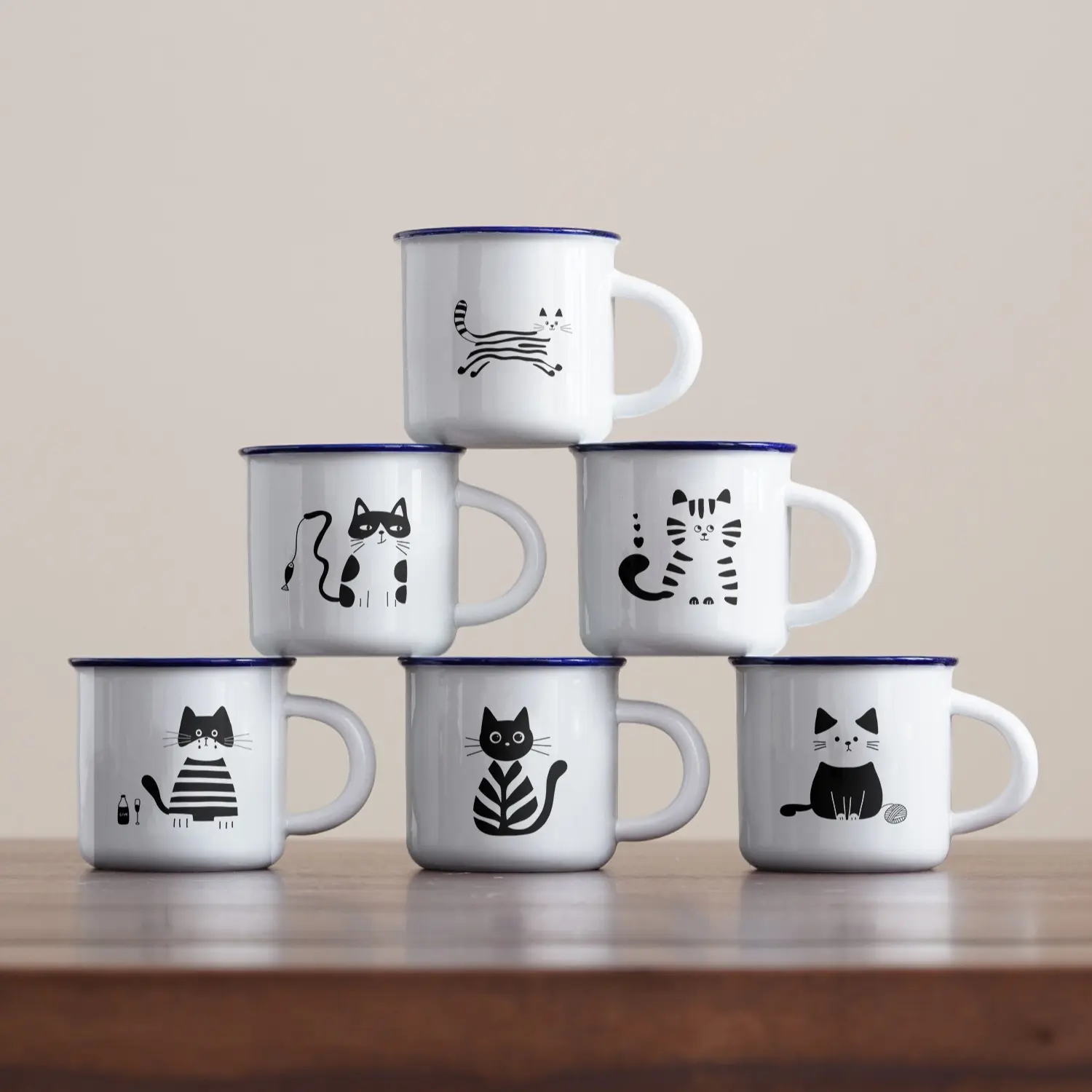6pic Japanese Style Hand-Drawn and Cat Mugs, Vintage Mini Ceramic Cups, Cute High-Quality Morning Coffee Milk Cups