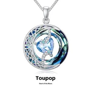 Moon Star Birthstone Pendant Necklace for Women |   Chain 18'' 925 Sterling Silver Pendant with Created Blue Love Austrian Crystal |   Hypoallergenic Jewelry Gift for Girlfriend,Mom, Wedding, Birthday, Anniversary Mother's Day |   Eco-Friendly Luxury