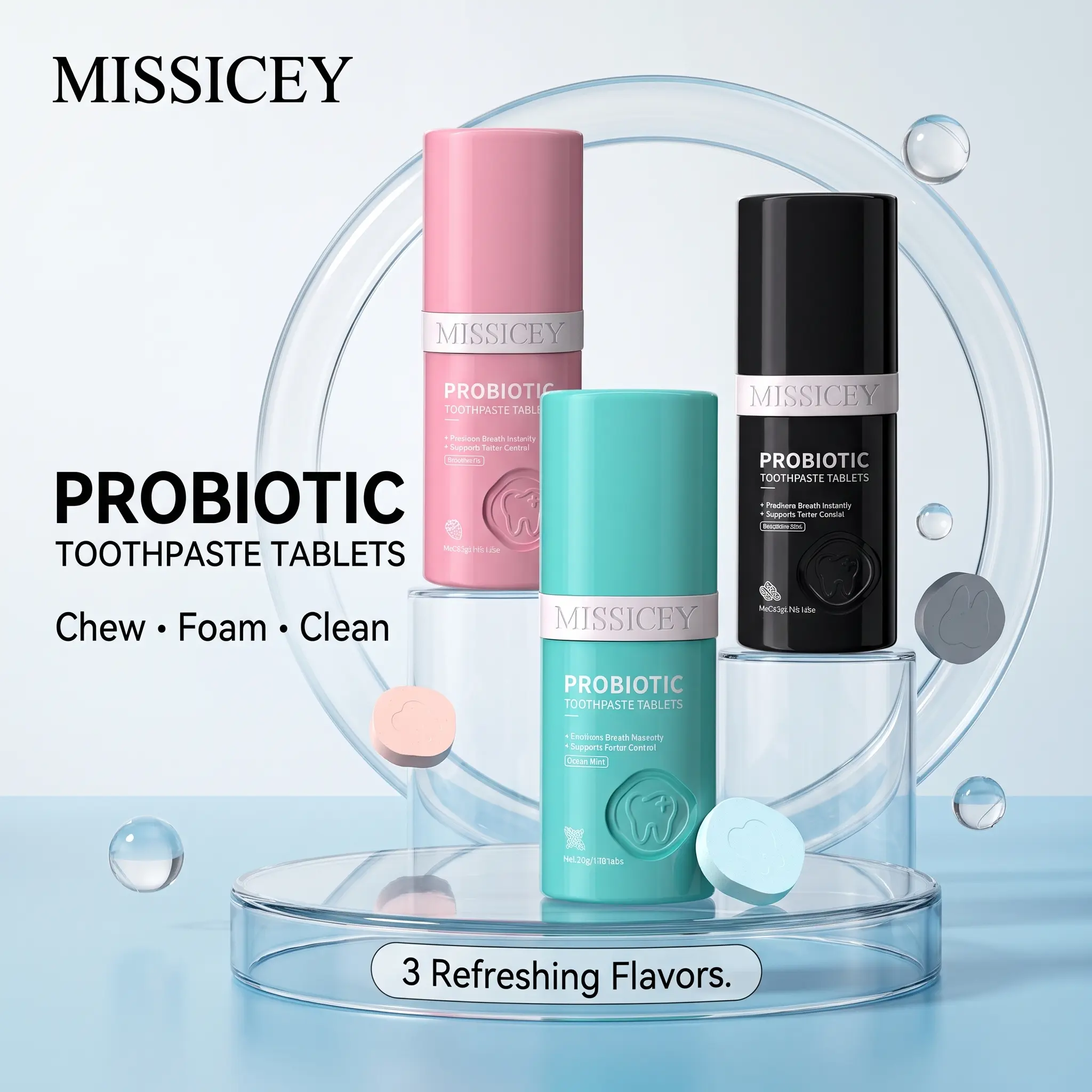Probiotic Foaming Toothpaste Tablets Kit - Daily Oral Travel-Friendly Chewable Tabs with Probiotics, Bad Breath Fix, Tartar Control, 36 Tabs, 3 Scents (Strawberry, Refreshing Mint, Binchotan Mint), Built-In Rinse Cup & Toothbrush